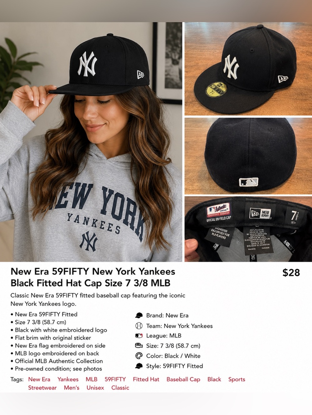 New Era 59FIFTY New York Yankees Black Fitted Hat Cap Size 7 3/8 MLB